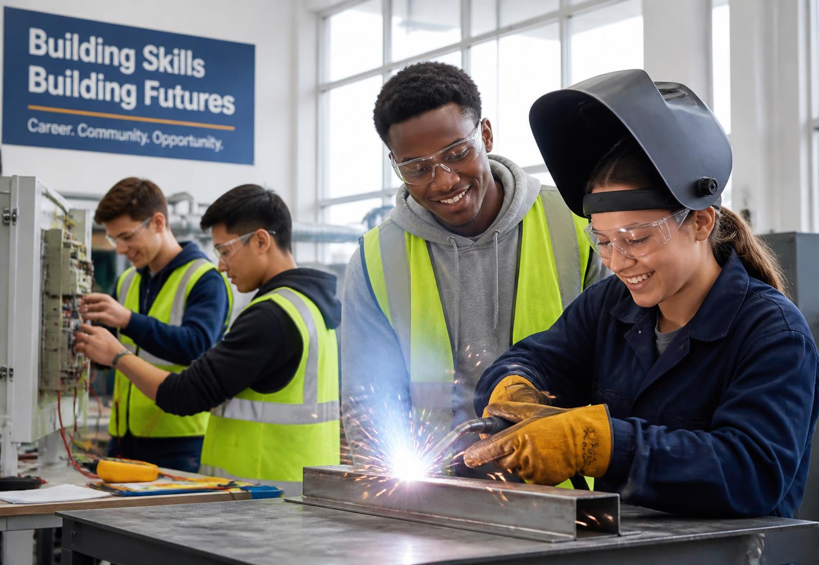 Young apprentices learning welding and electrical work in a bright training workshop